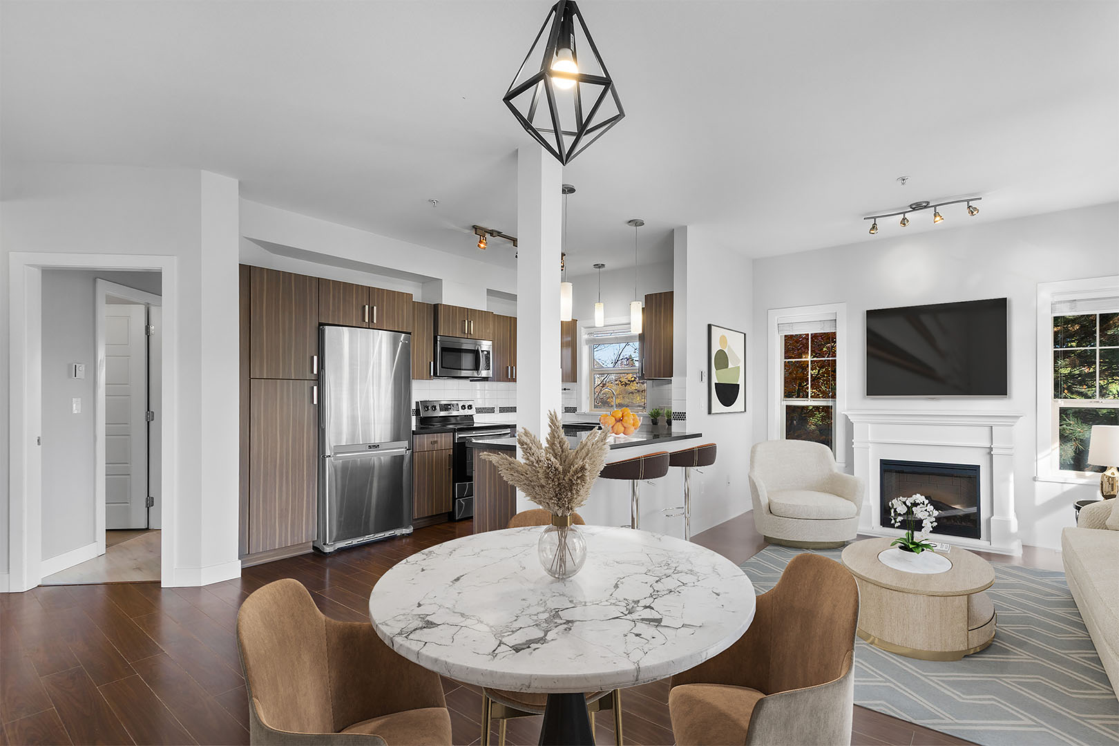 Staged dining space and kitchen